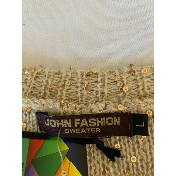 John Fashion Sweater Top Gold Sequin Long Sleeve Open Knit Sharkbite Sz L NEW - Picture 4 of 11
